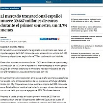 El mercado transaccional espaol mueve 39.647 millones de euros durante el primer semestre, un 11,7% menos